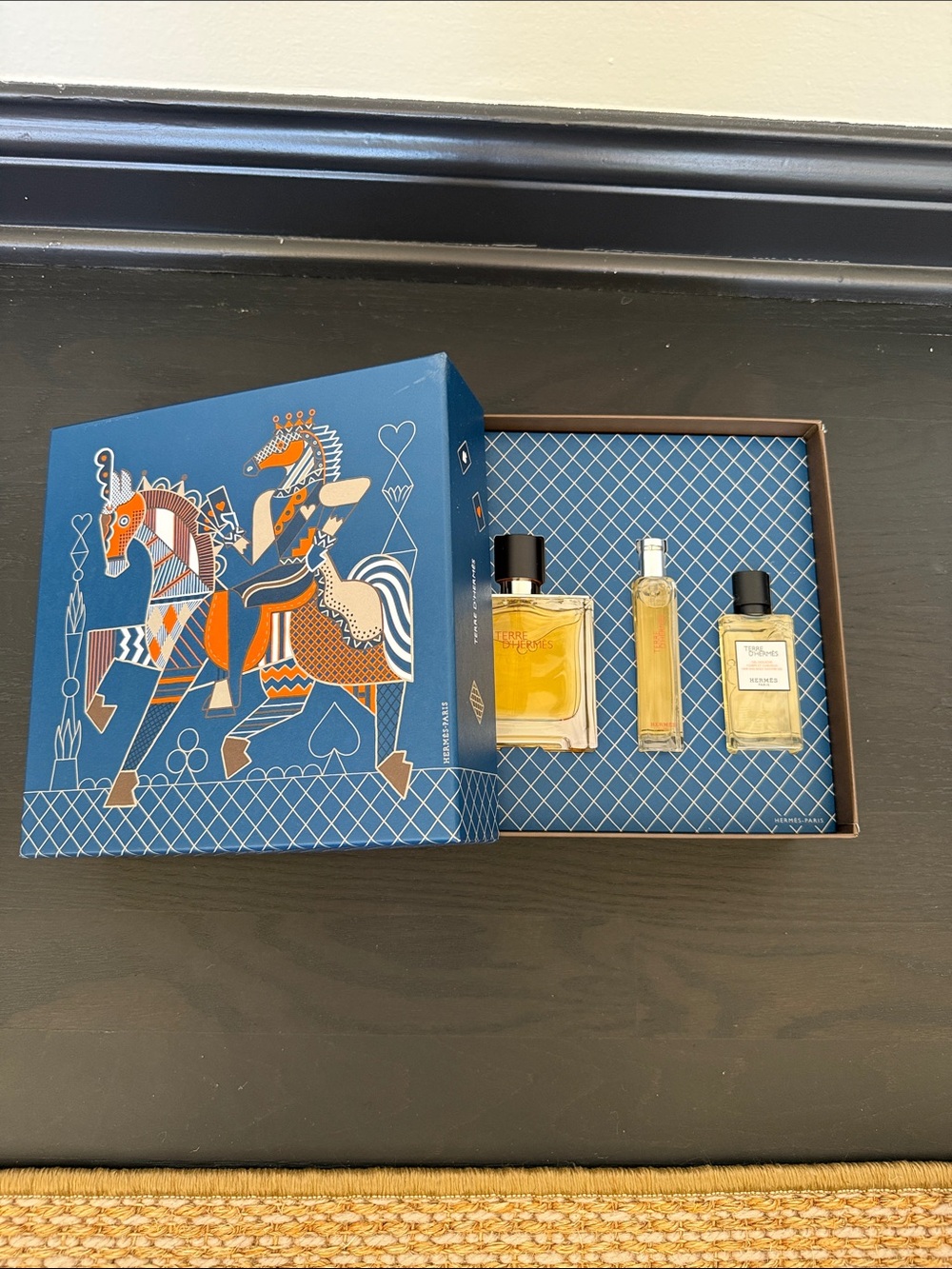 Hermes Men's Blue & Orange Gift Set with Gold Fragrance Bottles